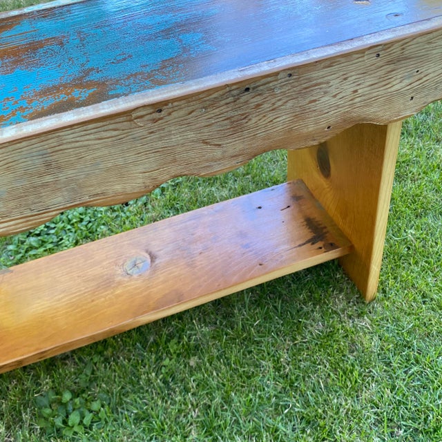 Brown Handcrafted Primitive Pine Wood Bench Made by Local Folk Artist With Antique Wood For Sale - Image 8 of 8