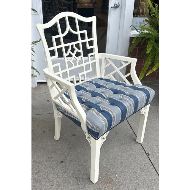 Hollywood Regency Hollywood Regency Chinese Chippendale White Lacquer Blue Upholstered Arm Chair For Sale - Image 3 of 6