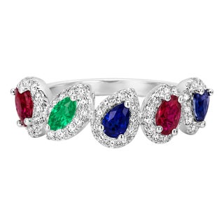 18K White Gold Ruby Sapphire Emerald Diamond Band Ring Estate For Sale
