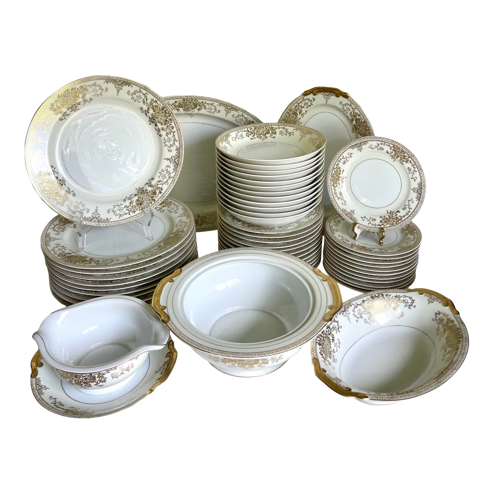 1950's Bone China Gold Trim 72 Piece Dinnerware and Serving
