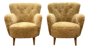 Danish Modern, Honey Sheepskin, Beech, Organic Lounge Chairs, Denmark, 1940s - Set of 2