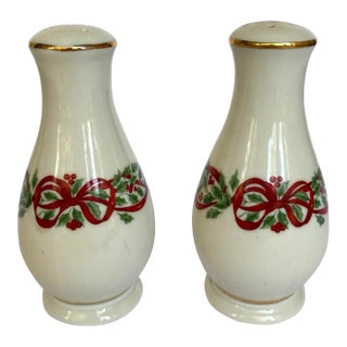 Vintage Centurion Ribbon Holly Salt & Pepper Set - Holly & Red Ribbon Rim, Gold Trim- Set of 2 For Sale