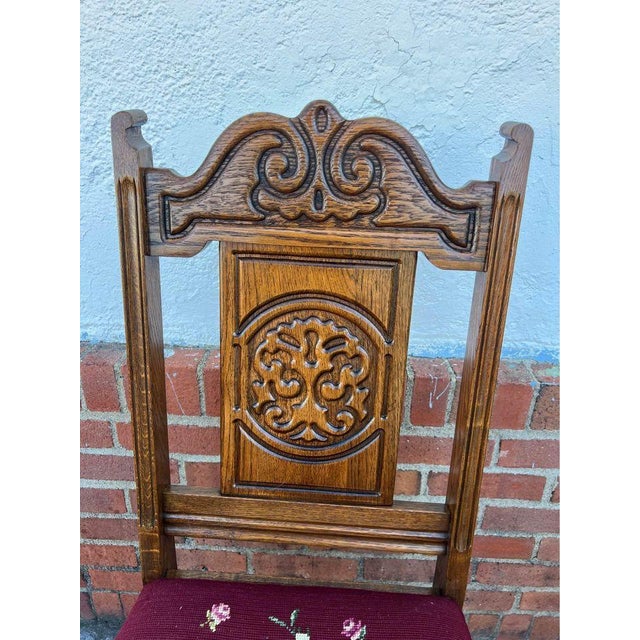 Pair of Antique Jacobean Style Solid Tiger Oak Needlepoint Dining Chairs, 19th Century For Sale - Image 4 of 11