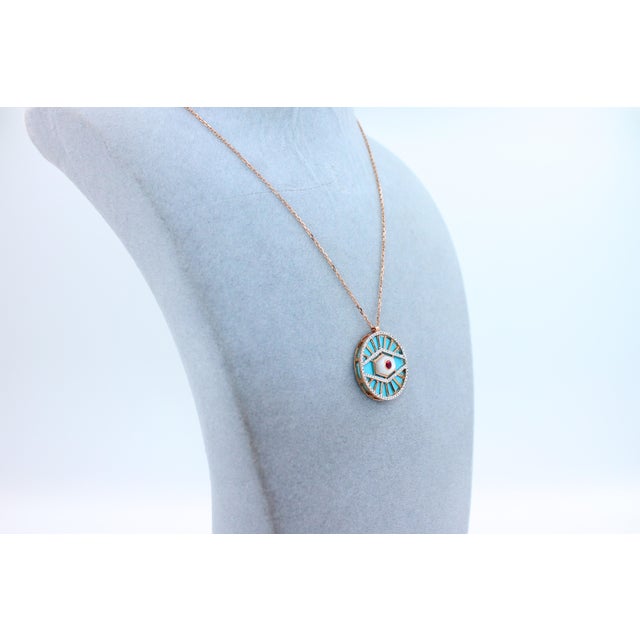 Diamond Halo Evil Eye Turquoise 18k Rose Gold Pendant Charm Medallion Necklace For Sale - Image 17 of 18