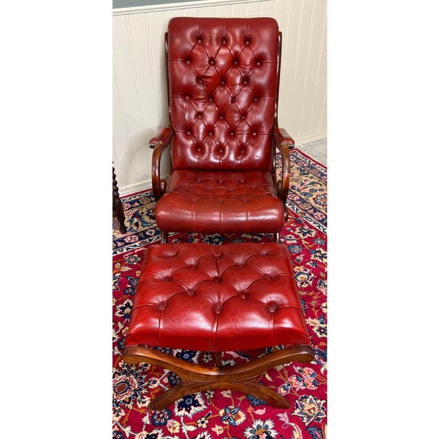Vintage English Chesterfield Style Tufted Campeche Chair Ottoman Red Leather For Sale - Image 4 of 17