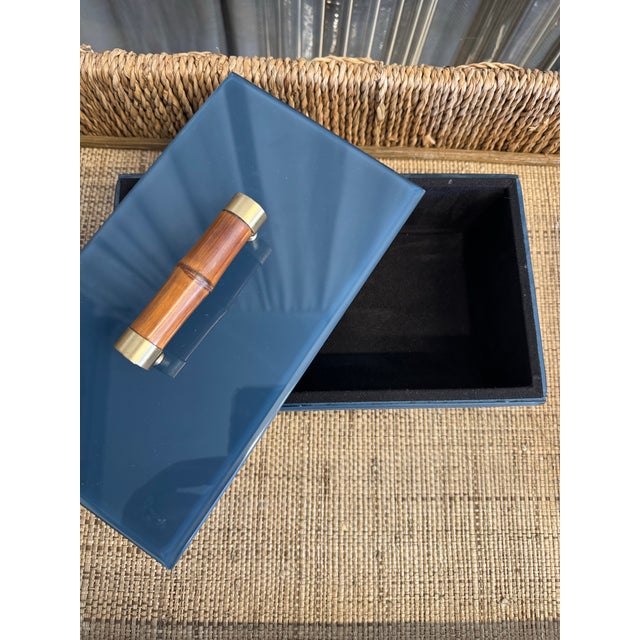 Gorgeous vintage blue glass and bamboo decorative box. No makers marks.