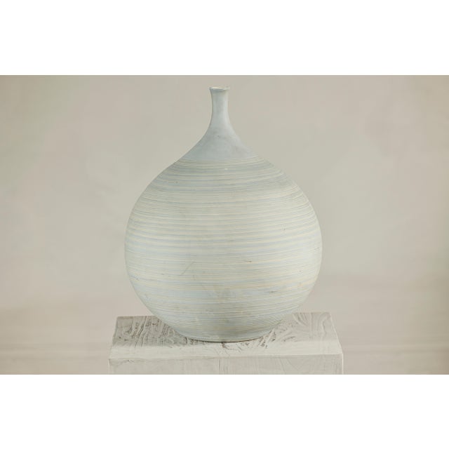 Large Artisan Unglazed Ceramic Vase with Pale Blue White Ribbed Finish For Sale In New York - Image 6 of 13