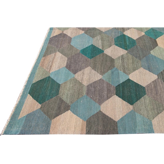 Contemporary Multicolor Kilim Flatweave Geometric Wool Rug For Sale - Image 4 of 9