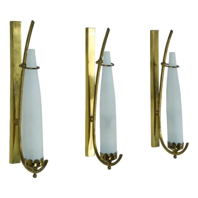Sconces in Brass and Triplex Opaline Glass in the style of Arredoluce, Italy, 1950s, Set of 3 For Sale