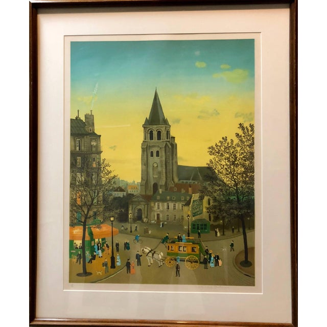 Lithograph in colors depicting an enchanted evening in Paris with a snowman and children playing outside the restaurant...