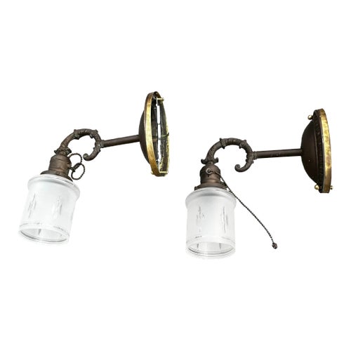Pair of Vintage Brass Wall Sconces With Vintage Shades