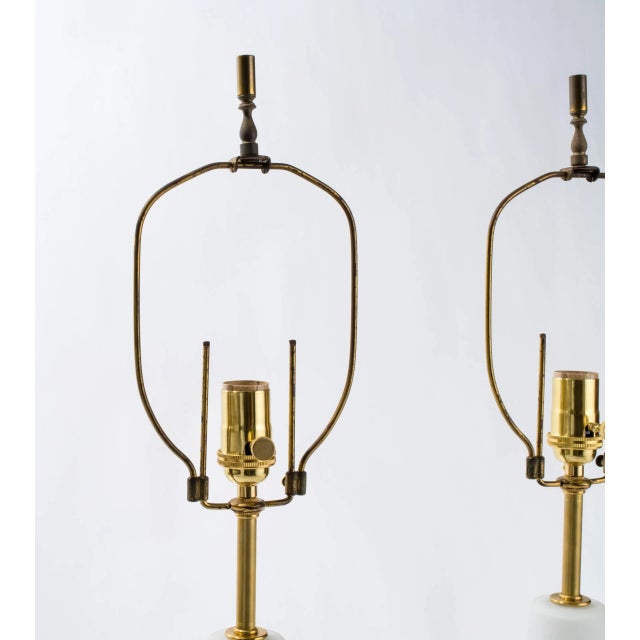 1950s blown glass and wood base table lamps. Newly rewired with brass sockets. Original adjustable harp.
