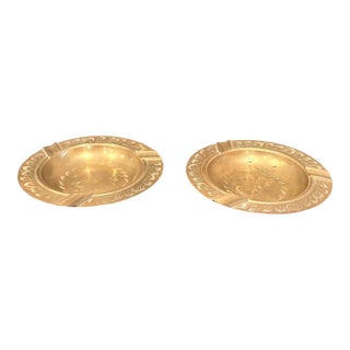 Pair of Vintage Etched Solid Brass Ashtrays From India, 6.25” Dia. For Sale