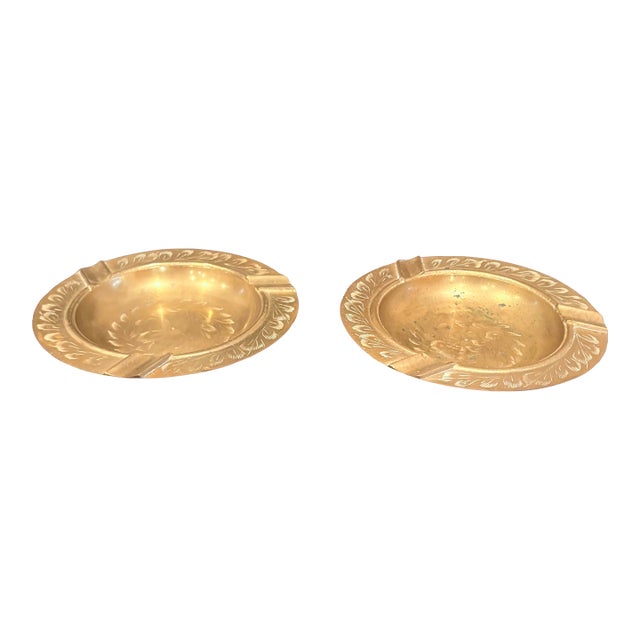 Pair of Vintage Etched Solid Brass Ashtrays From India, 6.25” Dia. For Sale