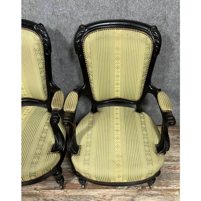 Set of Napoleon III Armchairs in Black Lacquered Wood, 1850s For Sale - Image 3 of 7