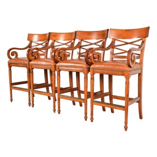 Baker Furniture English Regency Carved Walnut Bar Stools, Set of Four For Sale