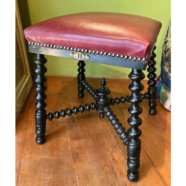 Black Antique Ebonized Twisted Legs Stools with Burgundy Studded Leather Seats, 1890s, Set of 2 For Sale - Image 8 of 16