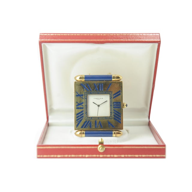 Contemporary Folding Quartz Movement Alarm Clock in Gilt Metal and Blue Enamel from Cartier, 1980s, Set of 2 For Sale - Image 3 of 14