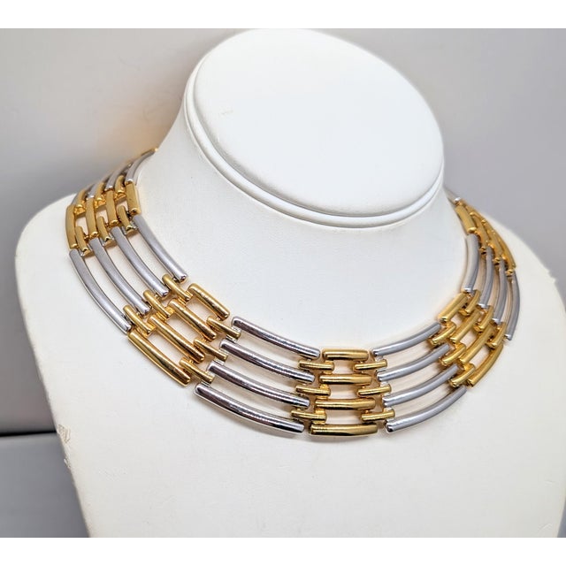 Modern Vintage 1980s Signed Givenchy Goldtone & Rhodium Plated Interlocking Links Collar Necklace For Sale - Image 3 of 11