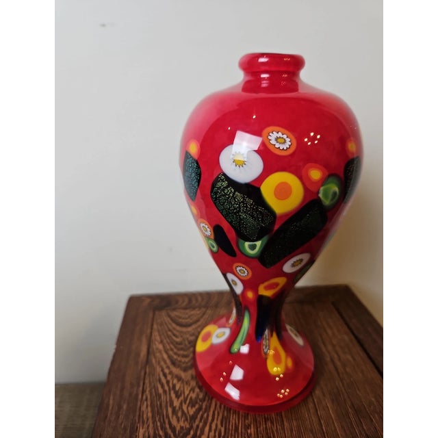 Mid-Century Modern Vintage MCM Murano-Style, Millefiori Hand Blown Red Art Glass Vase For Sale - Image 3 of 5
