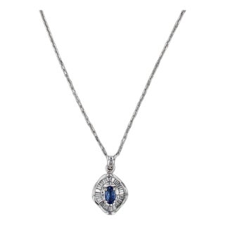 0.68ctw Sapphire Diamond Halo Pendant Necklace 14k White Gold 18" Cable Chain For Sale