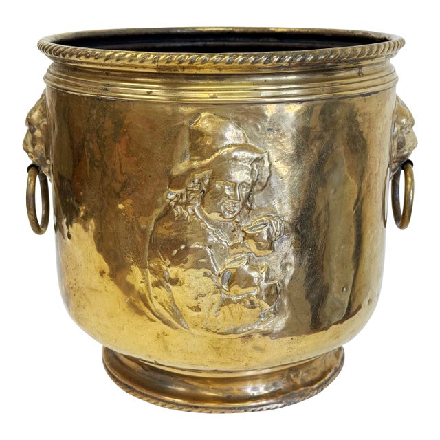 Antique Hammered Brass Planter Cachepot W/ Lion Head Handles For Sale