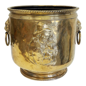 Antique Hammered Brass Planter Cachepot W/ Lion Head Handles