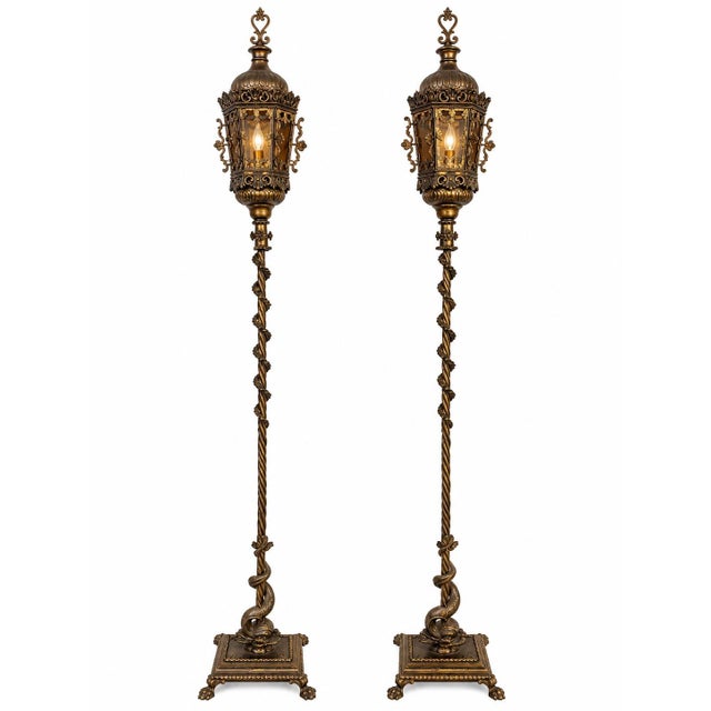 Vintage Italian Renaissance Revival Gilt-Metal and Iron Floor Lanterns — Matching Pair, 76 Inches Tall For Sale - Image 11 of 11