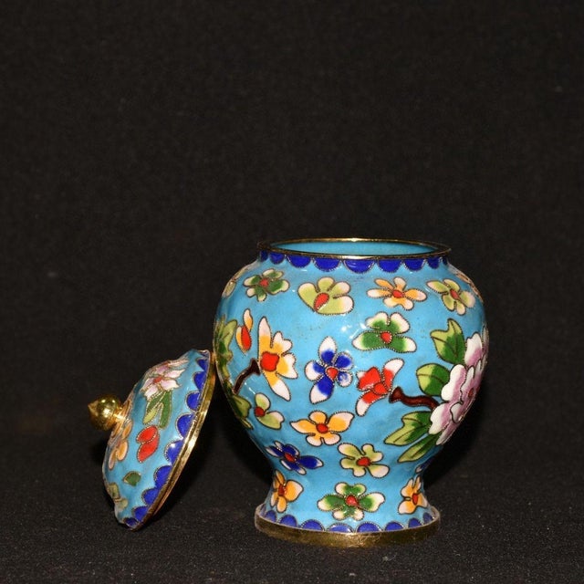 Vintage Blue Cloisonné Enamel Ginger Jar With Peony Motif and Lid For Sale - Image 9 of 9