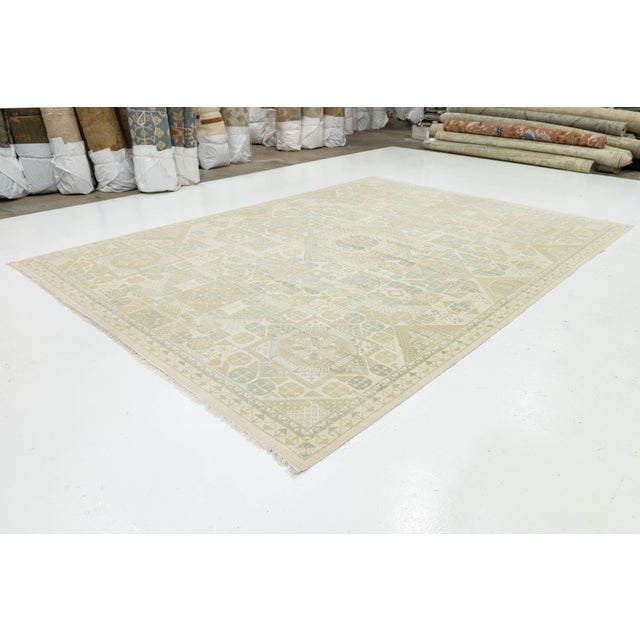 Modern Khotan Style Hand-Knotted Wool Area Rug – Geometric Muted Pastels 10x14 For Sale - Image 10 of 10