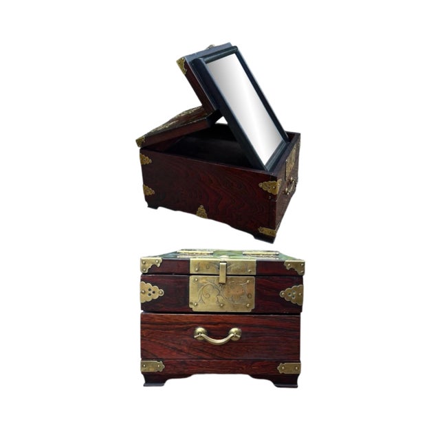 1930s Vintage Chinese Hardwood Traveling Vanity Shaving Mirror Box & Drawer For Sale