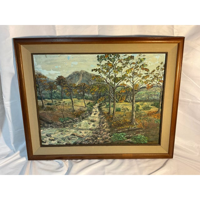Wood 1960s Impressionist Landscape Oil Painting "Imaginary Mountain Woods" by Jenkins For Sale - Image 7 of 7