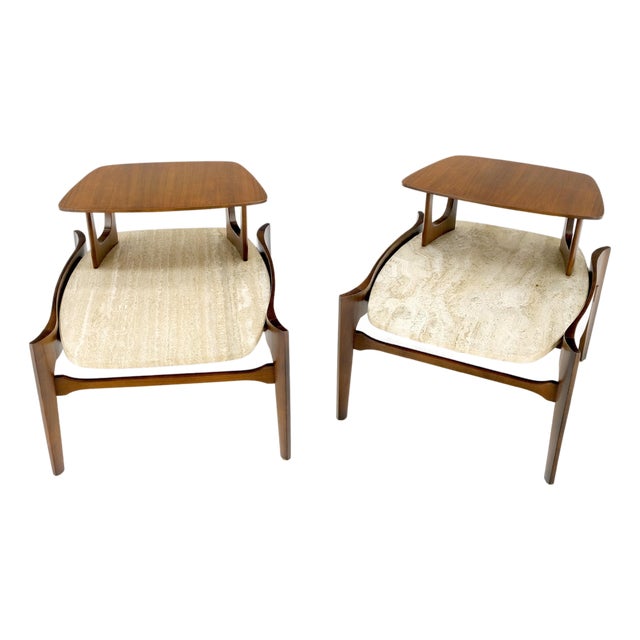 Pair Sculptural 1970s Walnut Travertine Tops Step Side End Tables Singer Sons For Sale