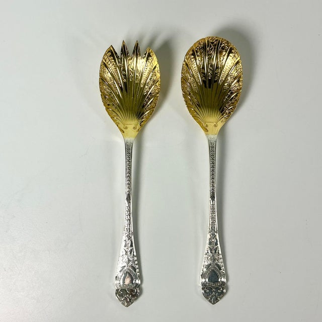 Art Deco Vintage Hollywood Regency Art Deco Boho Chic Etched Plated Stainless Salad Utensils - A Pair For Sale - Image 3 of 12