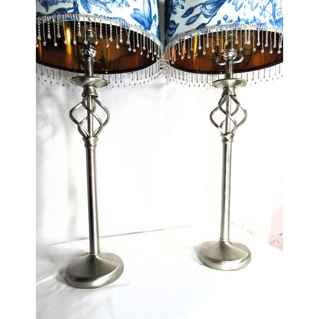 Metal Vintage Brushed Niclel Buffet Table Lamps +Blue Toile Shades - a Pair For Sale - Image 7 of 9