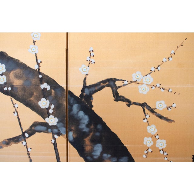 Champagne 1960s Large Shōwa Era Japanese Silk Byobu Screen "Flycatcher and Sakura" For Sale - Image 8 of 18