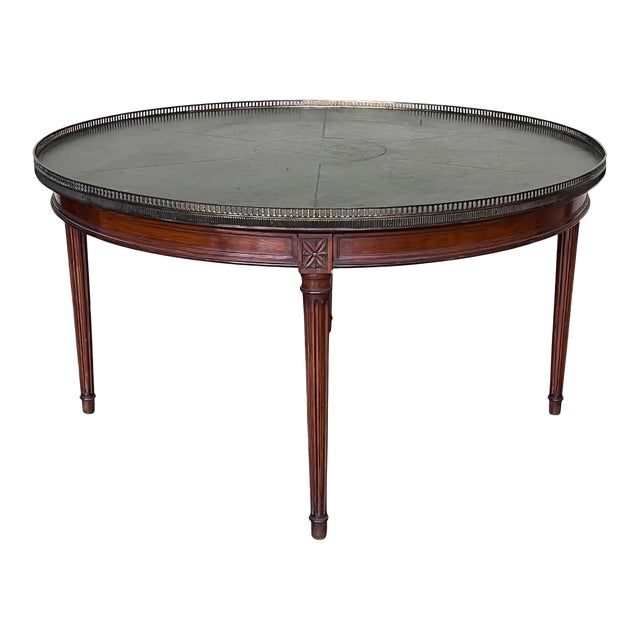 French Provincial Mahogany With Stenciled Leather Top Round Coffee Table For Sale