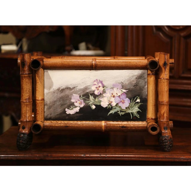 Tan Early 20th Century French Bamboo Jardinière With Hand-Painted Floral Panels For Sale - Image 8 of 12