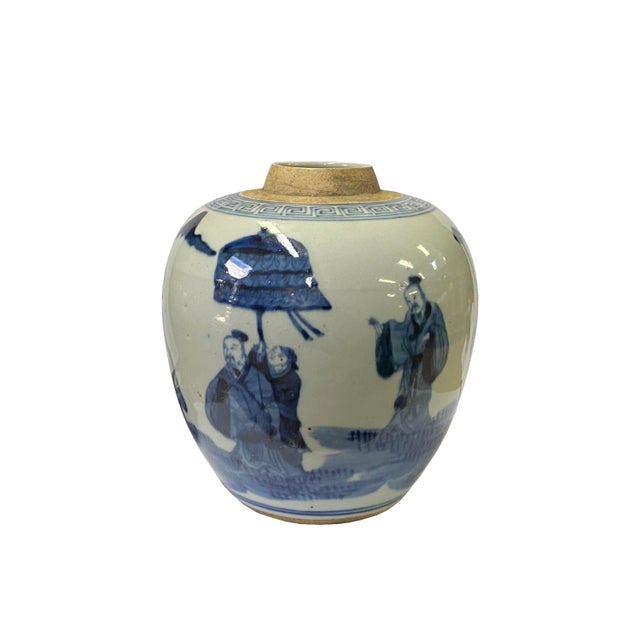 2020s Oriental Handpaint People Small Blue White Porcelain Ginger Jar For Sale - Image 5 of 5