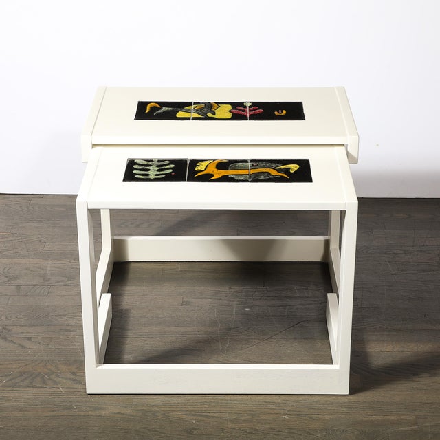 Mid-Century Modern Pair of Documented Off White & Inset Tile Vladimir Kagan Nested Side Tables For Sale - Image 3 of 18