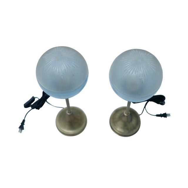 Art Deco 1930s Deco Period Art Glass Shade Table Lamps on Brass Stems - a Pair For Sale - Image 3 of 5