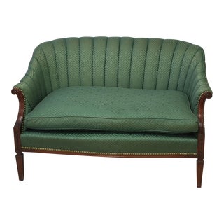 1940s Emerald Green Curved Channel Back Vintage Settee For Sale
