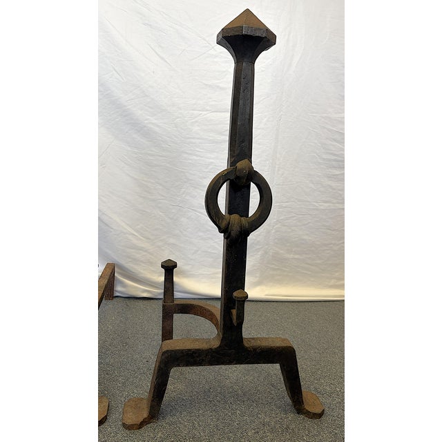 Gothic Early 1900's Addison Mizner Mediterranean/ Spanish Colonial Revival Hand Forged Wrought Iron Andirons - A Pair For Sale - Image 3 of 18