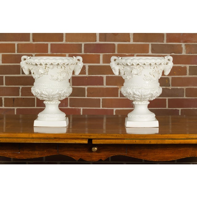 Mid 20th Century Pair of Blanc de Chine Midcentury Urns with Rams Heads and Ivy Leaves For Sale - Image 5 of 12