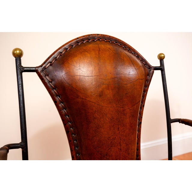 Mid-Century Bauhaus Modern Sculptural Leather Armchairs in Iron and Brass from Jacques Adnet, 1950s, Set of 2 For Sale - Image 6 of 18