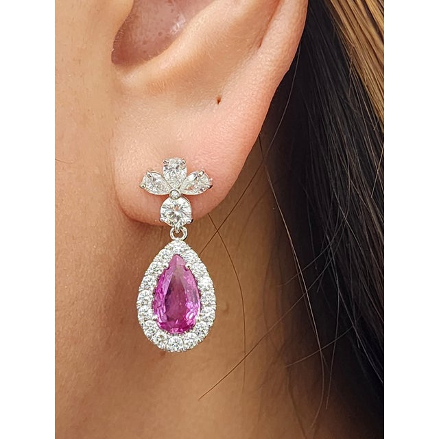Modern 4.06 Ct Natural Pink Sapphire & Diamond Earrings, Pair For Sale - Image 3 of 8