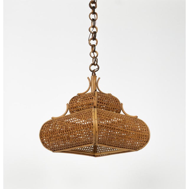 Mid-Century Modern French Riviera Rattan and Wicker Pendant Light, 1960s For Sale - Image 11 of 16