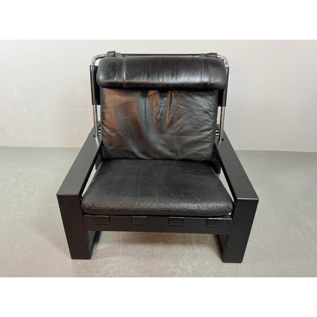 Brutalist Black Leather Armchair with Black Wooden and Metal Chrome Frame by Sonja Wasseur, Netherlands, 1970s For Sale - Image 15 of 18