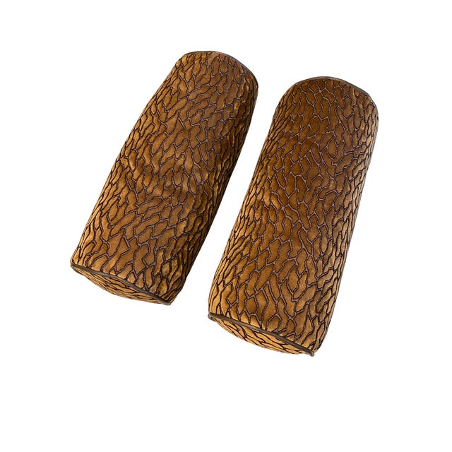 Bronze Custom Pair of Bolster Pillows With Lush Patterned Velvet and Leather Trim For Sale - Image 8 of 11