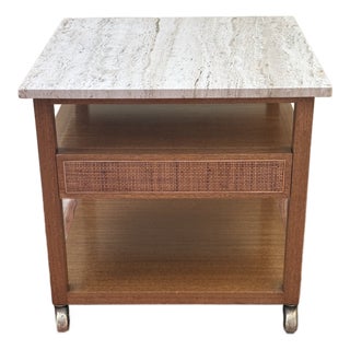 1960s Harvey Probber Travertine Top & Cane Drawer Side Table on Casters For Sale